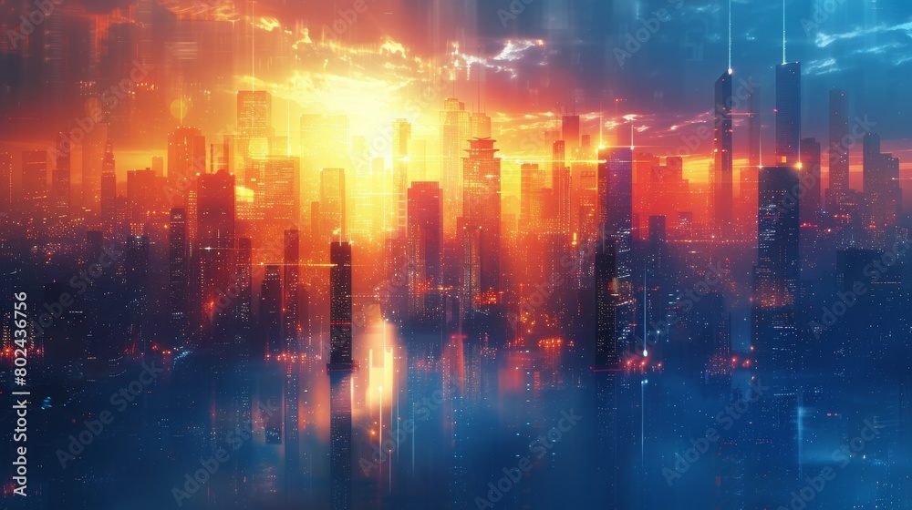 Sunset casts a golden glow and reflections on the glass facades of a modern urban skyline, showcasing a breathtaking cityscape.. Sunset casts a golden glow and reflections on the glass facades of a modern urban skyline, showcasing a breathtaking cityscape..