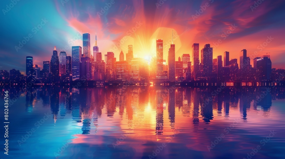 Sunset casts a golden glow and reflections on the glass facades of a modern urban skyline, showcasing a breathtaking cityscape.. Sunset casts a golden glow and reflections on the glass facades of a modern urban skyline, showcasing a breathtaking cityscape..