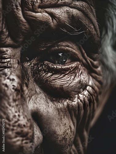 Weathered Visage of Melancholic Introspection A Powerful Close up Portrait of an Aged Face Etched with Life s Experiences photo