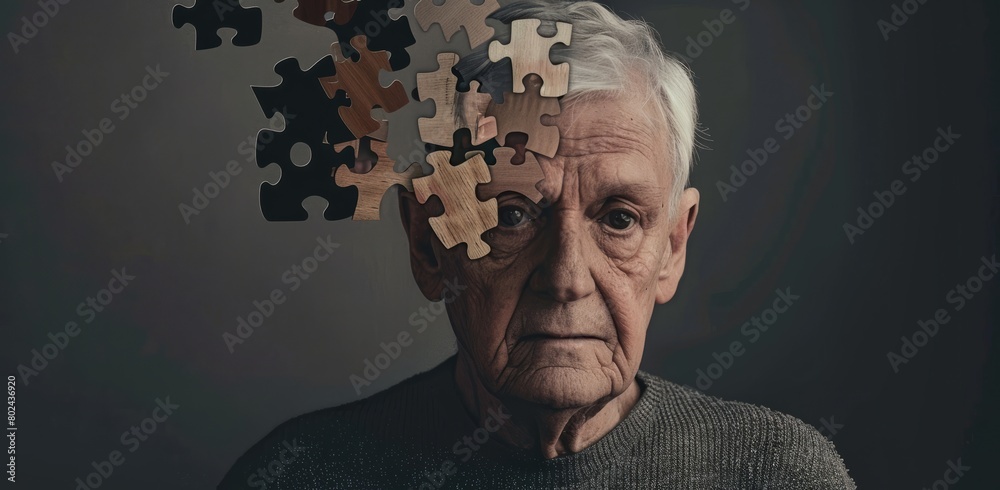 Obraz premium A doctor is placing puzzle pieces on the head of an older man. Alzheimer's concept