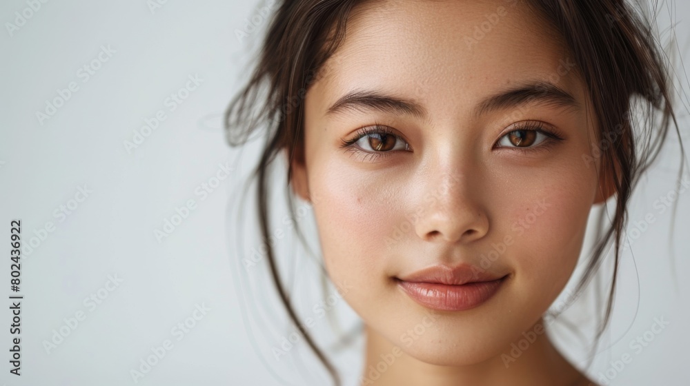 an Asian girl with a fresh-faced glow, showcasing her naturally luminous complexion against a pristine white background in a studio an Asian girl with a fresh-faced glow, showcasing her naturally luminous complexion against a pristine white background in a studio