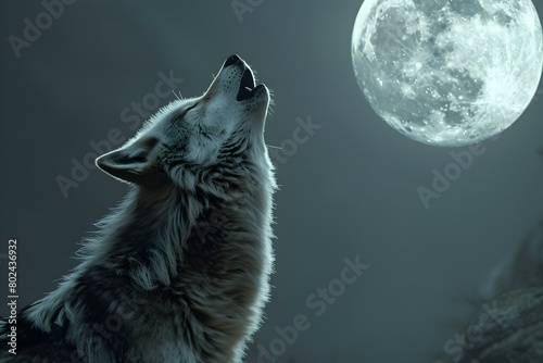 Lone Wolf Howling at the Luminous Gray Moon in the Nighttime Wilderness