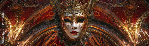 A closeup of an ornate Venetian mask on display in front  with theater masks hanging behind it and stage curtains behind that form the background. Carnival mask festival.