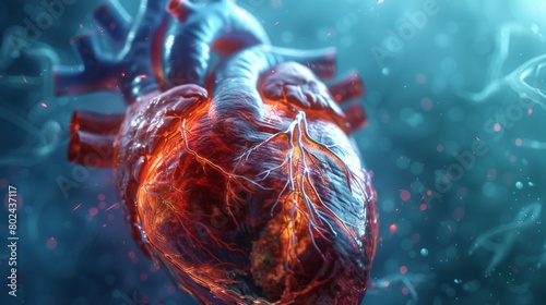 3D rendering image providing an overview of the structures and chambers of the human heart, including the atria, ventricles, valves, and major blood vessels photo