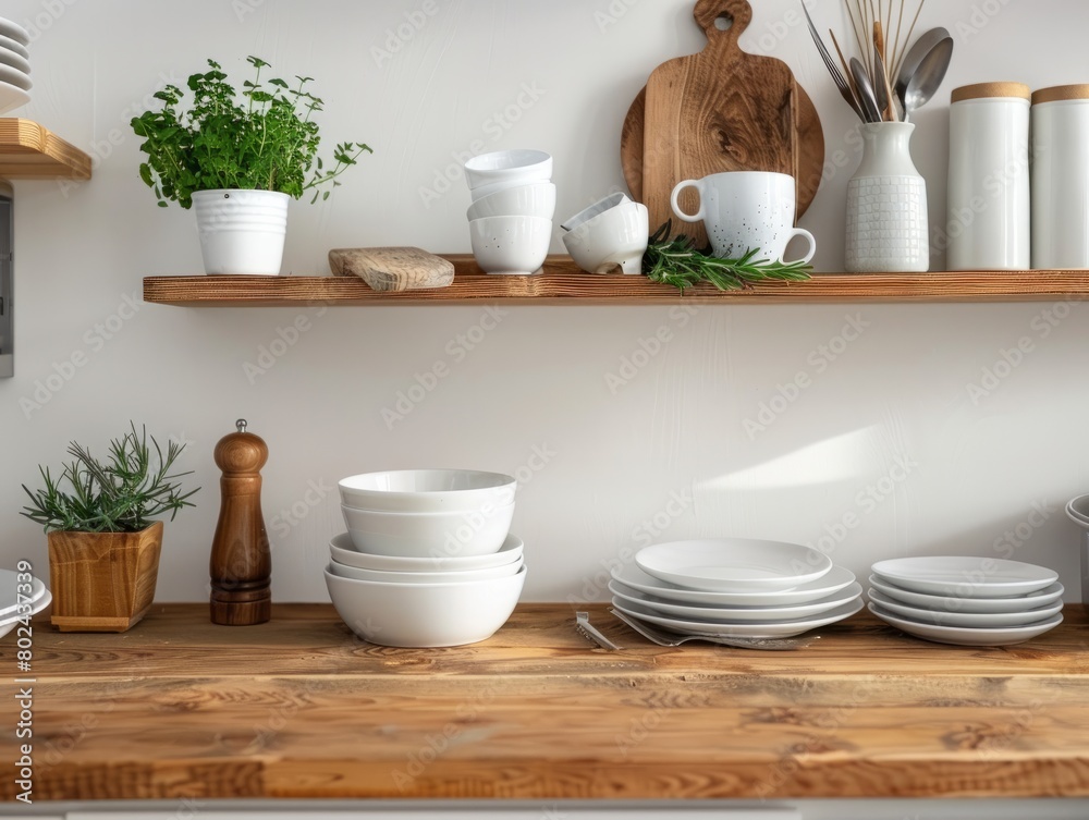 Scandinavian minimalist design in interior of apartment, flat for rent or sale and home blog. Modern plates and cups, kitchen utensils, potted plants on wooden shelves, on light wall, empty space 