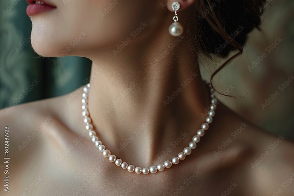 Pearl necklace on woman's neck