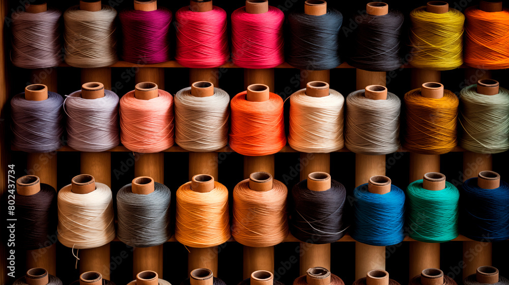 Multicolored yarn spools used in textile industry. Set of colored threads for sewing on coils. Pile of big colorful spools of thread. Colored thread spools of thread large class, textiles, background. Multicolored yarn spools used in textile industry. Set of colored threads for sewing on coils. Pile of big colorful spools of thread. Colored thread spools of thread large class, textiles, background.