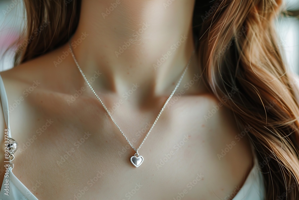 Silver heart pendant and chain on woman's neck Silver heart pendant and chain on woman's neck