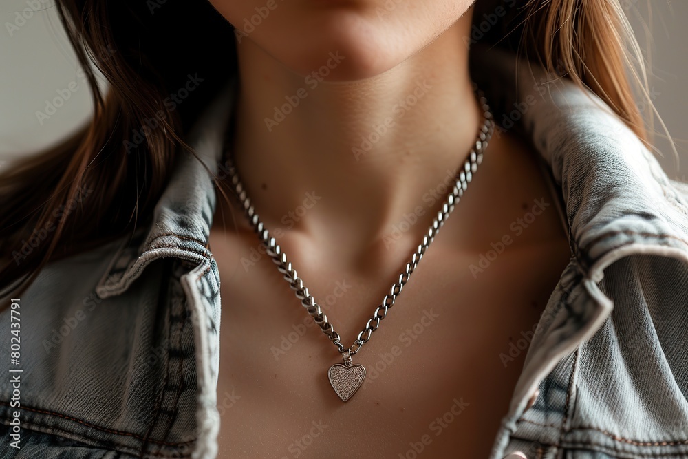 Silver heart pendant and chain on woman's neck