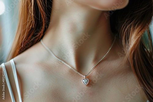 Silver heart pendant and chain on woman's neck