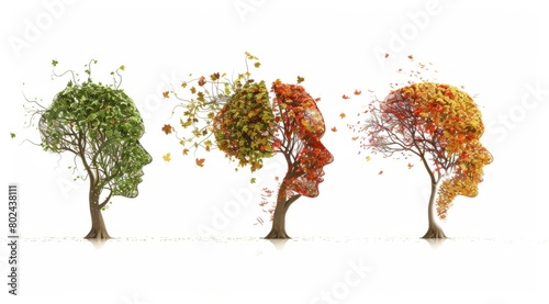 Three tree shapes like human heads, . Each of them symbolizes different stages of Alzheimer, Brain aging and memory loss due to Dementia and Alzheimer's disease