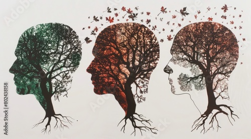 Three tree shapes like human heads, . Each of them symbolizes different stages of Alzheimer, Brain aging and memory loss due to Dementia and Alzheimer's disease