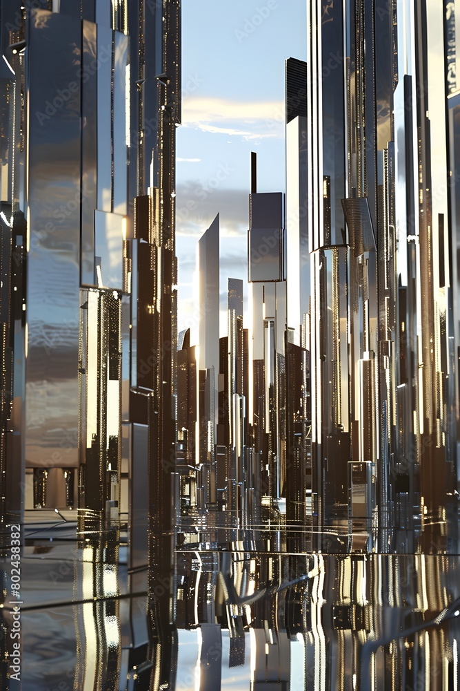 Obraz premium Futuristic Chrome Cityscape with Towering Mirrored Skyscrapers at Sunset