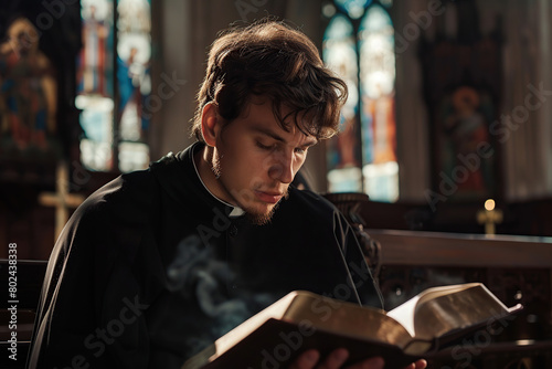 Young priest sitting in church and reading bible book photo