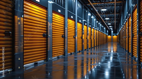 Self storage facility corridor showcasing yellow doors available for renting storage units photo