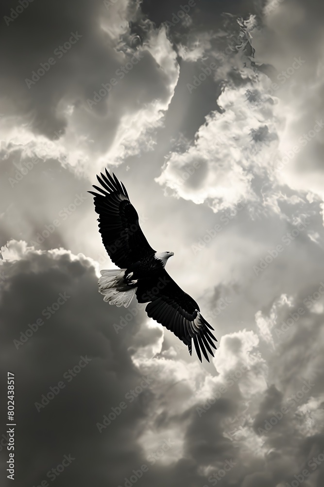 Obraz premium Majestic Silver Eagle Soaring Through Dramatic Cloud Formation