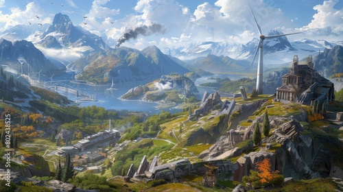 a mountain range, its rugged rocky peaks towering against the sky, adorned with white electric wind turbines atop, harnessing the power of the wind.