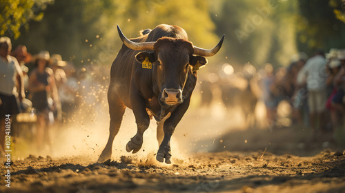 a traditional event in where the bull is released. seamless looping time-lapse Animation Background Angry bull showing his fangs Bull running in race. photo