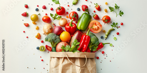 Fresh vegetables falling into the paper bag, Generative AI