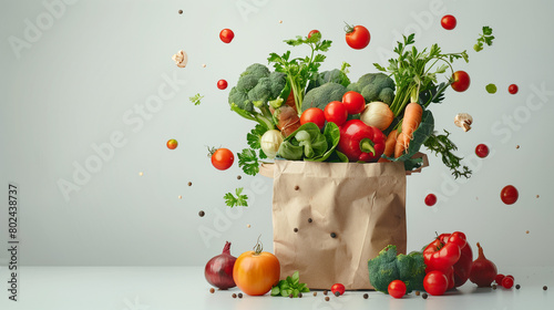 Fresh vegetables falling into the paper bag, Generative AI