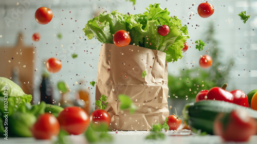 Fresh vegetables falling into the paper bag, Generative AI