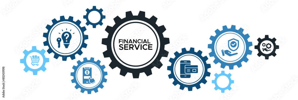 Vector illustration concept of financial services banner web icon with key solutions, shopping, online payments, internet banking, insurance, and service icons