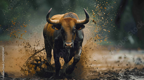 bull in dirt running on a dirt field, in the style of iconic imagery, explosive wildlife, light brown and dark beige through the dark while breathing smoke. 