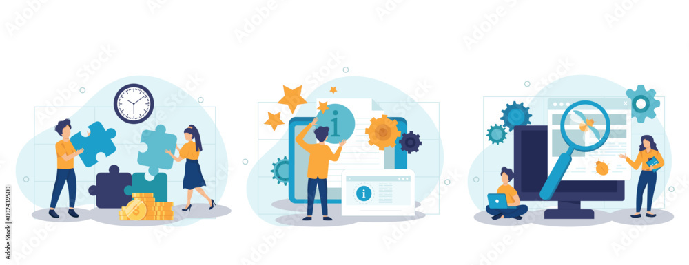 Fototapeta premium Customer experience abstract concept vector collection of scenes. Project delivery, beta testing, user guide, software development, new product launch, technical guide, helpdesk abstract metaphor