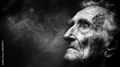 Elderly person with memories exploding from head illustrating the concept of memories