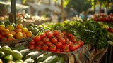 Farm-fresh vegetables, rustic apron, showcasing local harvest, set in a quaint farmers market, under a warm sun, photograph, backlighting, bokeh effect