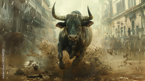 An illustration of an angry bull symbolizing the dynamic and unpredictable bitcoin trading market Strong black bull with big horns running. 3D illustration digital art design. 