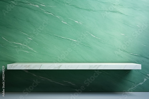 Frame wall of green marble with bench and concrete floor, display for products or montage