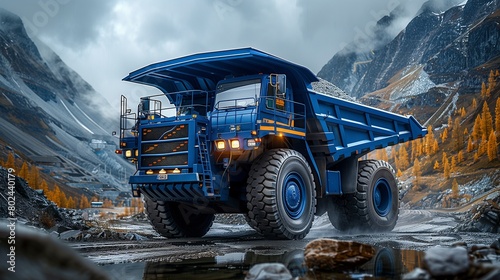 Royal blue dump truck at a quarry site, essential for material transport, copy space for text © Abdul