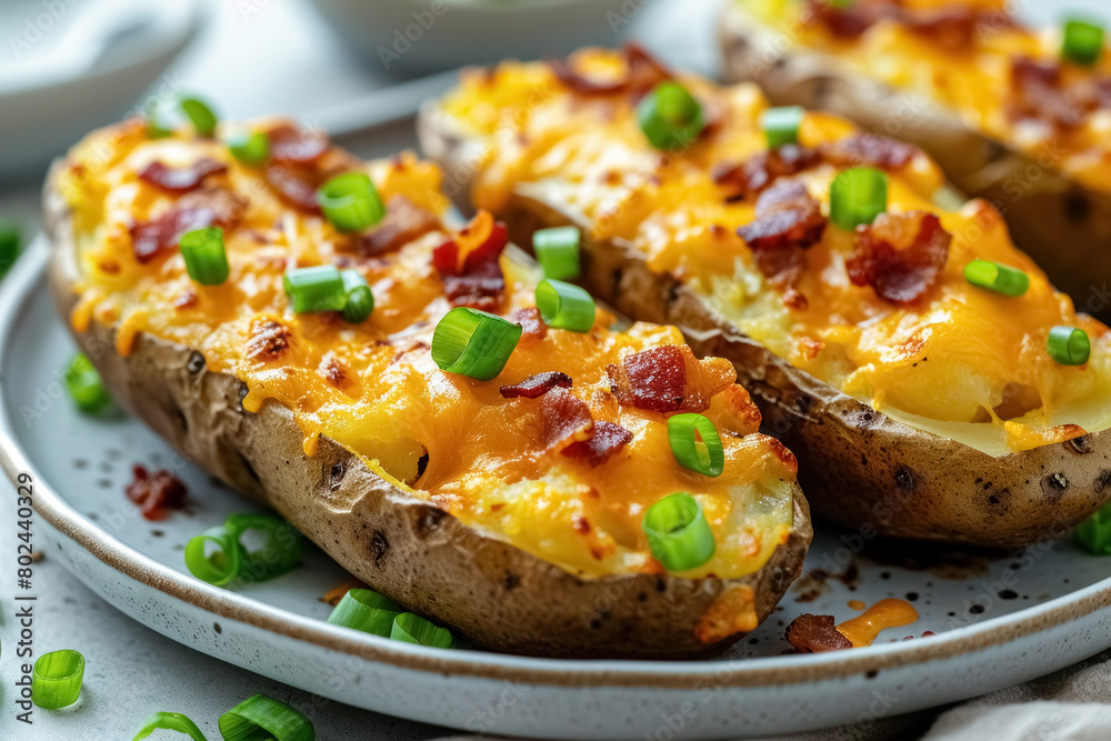 Close up three baked potatoes topped with bacon, green onions and cheddar cheese on white plate, delicious snack Close up three baked potatoes topped with bacon, green onions and cheddar cheese on white plate, delicious snack