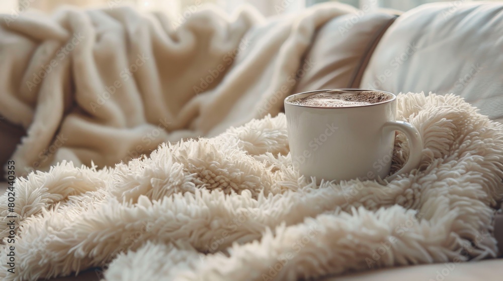 A fluffy throw blanket and mug of hot cocoa, inviting viewers to indulge in warmth and relaxation A fluffy throw blanket and mug of hot cocoa, inviting viewers to indulge in warmth and relaxation