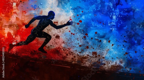Dynamic Runner in Motion Against a Red and Blue Abstract Backdrop  Illustrating Speed and Artistic Expression