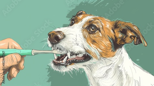 Owners brushes his dog's teeth. Pet oral hygiene. Vector illustration in hand draw style photo