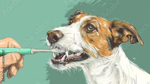 Owners brushes his dog's teeth. Pet oral hygiene. Vector illustration in hand draw style