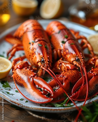 Close up two cooked boiled lobsters with sliced lemons serving on plate on wooden background, healthy seafood