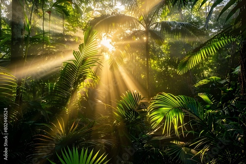 Sunrise Illuminates Lush Rainforest Canopy with Golden Rays