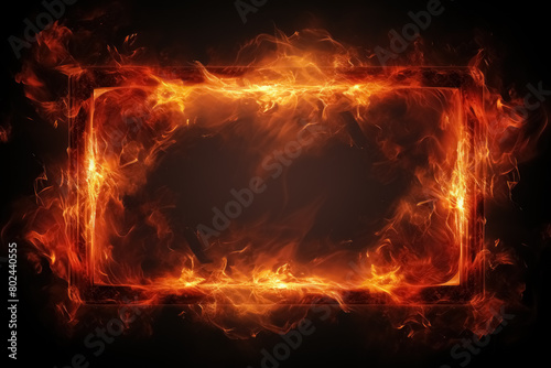 Rectangular frame engulfed by bright flames, black background with geometric shape and dynamic movement of fire on burning object, empty backdrop with copy space