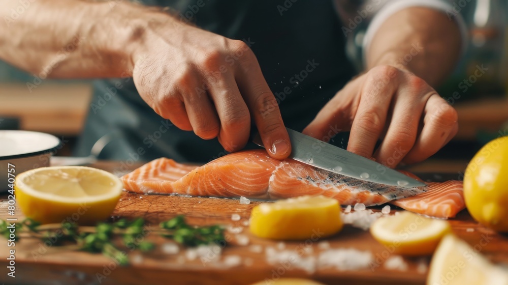 Chief hands cut salmon fillet with knife on wooden table at kitchen. Man cooking red omega fish with lemons for healthy nutrition diet Chief hands cut salmon fillet with knife on wooden table at kitchen. Man cooking red omega fish with lemons for healthy nutrition diet