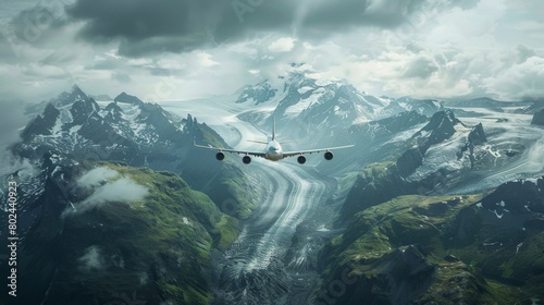 Highly detailed real-world photography showcasing the cargo plane flying over vast natural landscapes and geographic features as it crosses continents on its international journey
