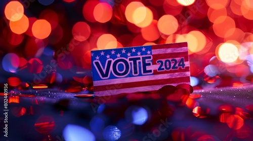 Vote 2024 with American Flag and Bokeh Lights, Closeup of Election Sign in Red White and Blue, Festive Atmosphere of USA Politics