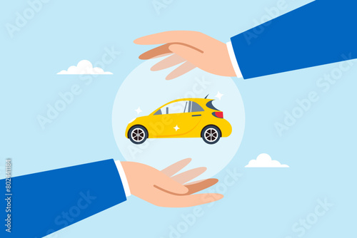 Businessman hand gently covers car, serving car insurance and automobile protection. Concept of safeguarding vehicles against transportation accidents, and security shield for vehicle safety