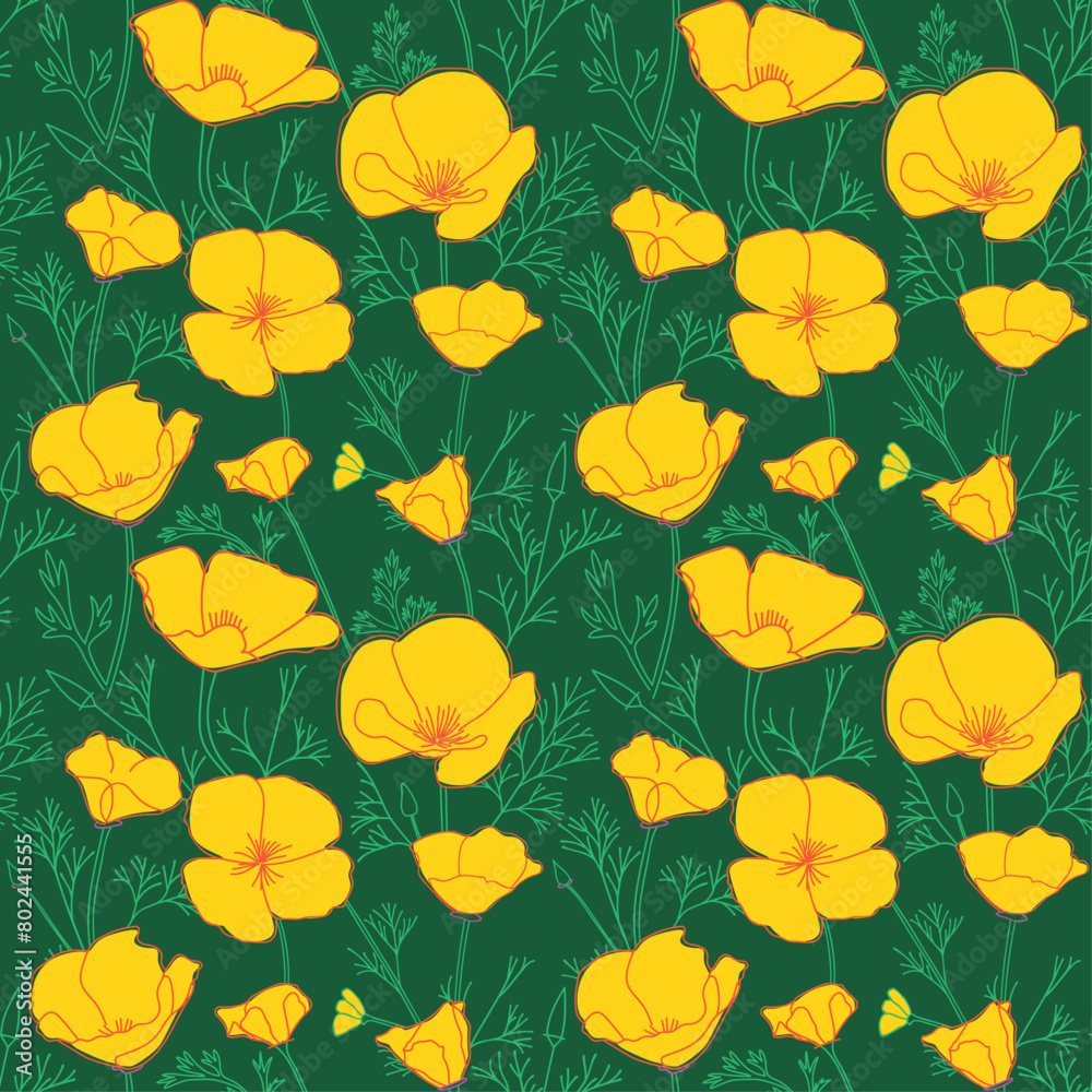 dark green seamless pattern with yellow Eschscholzia flowers. California poppy - vector background