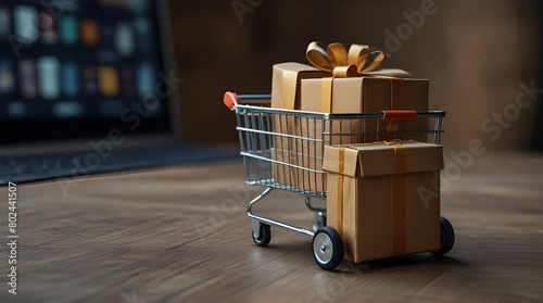 Online shopping concept with cart full of boxes on top of laptop computer,top view aerial image of business finance background.Flat lay graph growth up with coin money & shopping cart or trolley on mo