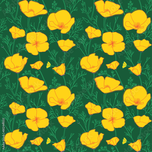 Obraz na płótnie dark green seamless pattern with yellow Eschscholzia flowers. California poppy - vector background w salonie