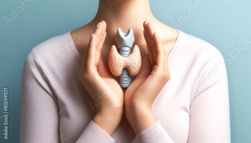 Close up hands of woman holding a model of the thyroid gland. For medical publications, educational content, and health awareness campaigns. World Thyroid Day