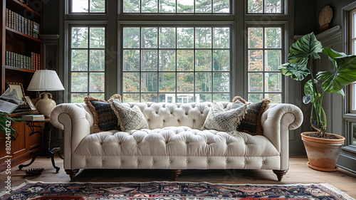 An elegant white Chesterfield sofa, adorned with button tufting and rolled arms, adding timeless charm to a traditional sitting room. photo
